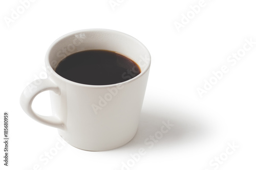 Black coffee in white mug isolated on white background with path.
