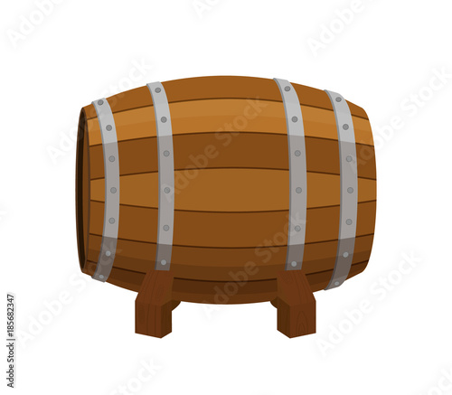 Alcohol barrel, drink container, wooden keg. Cartoon flat style. Vector