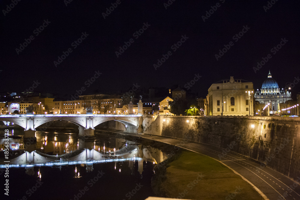 Panorama in the night on Tevere river, Rome Italy