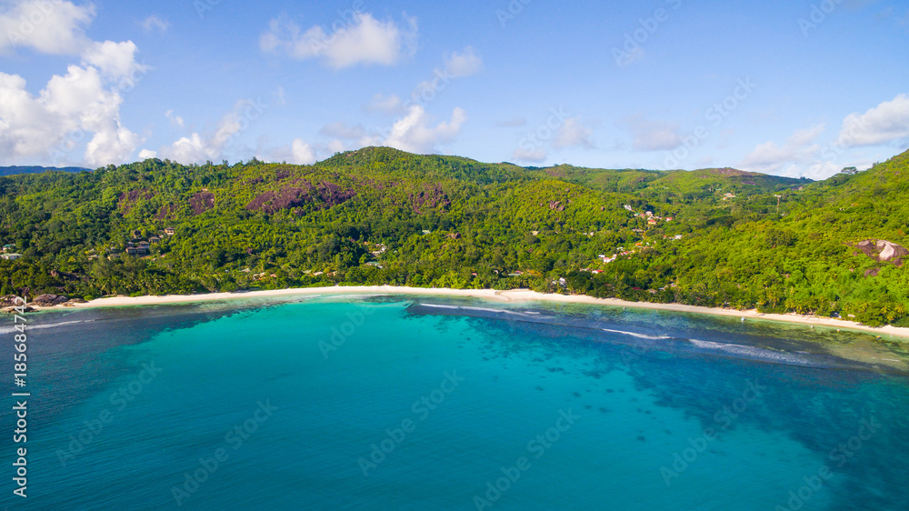 Aerial view: Coastline of Mahé Island, Seychelles