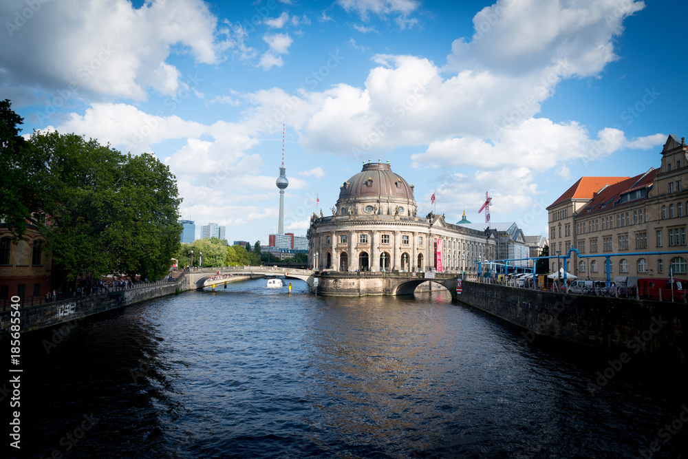 Fototapeta premium Baroque architectural exterior of Bode Museum, from northern end of Museum Island surrounded by River Spree.
