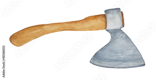 Axe. Symbol of achievement, power, victory, thunder. Shape, split, cut wood; harvest timber; weapon; ceremonial, heraldic symbol. Hand drawn watercolour illustration, isolated on white background.