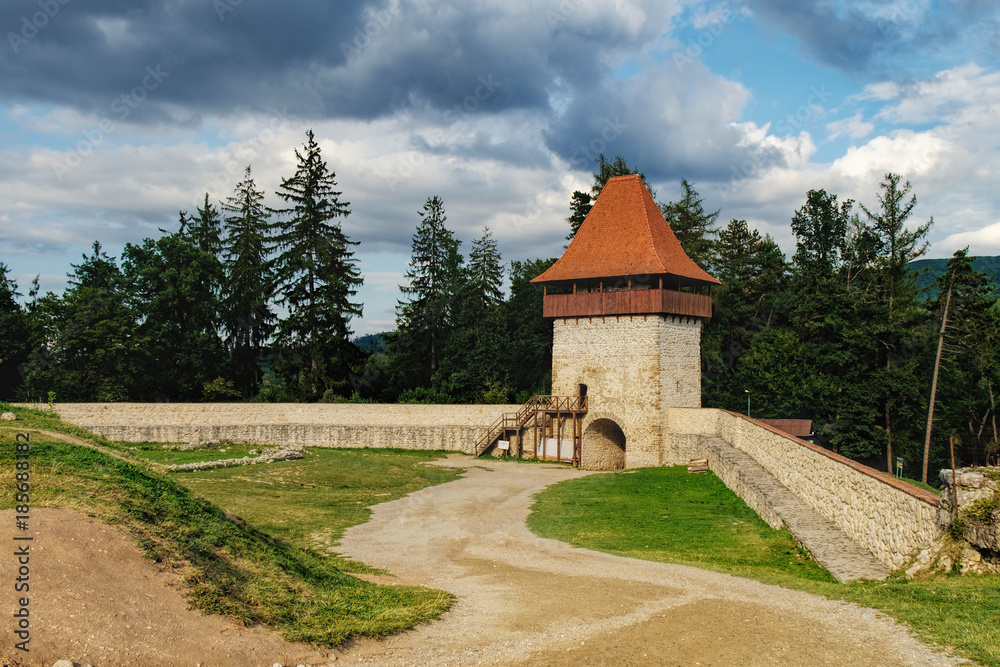 Panoramic view of the inner courtyard of the Rasnov Fortress under cloudy sky, Rasnov city, Brasov county, Romania