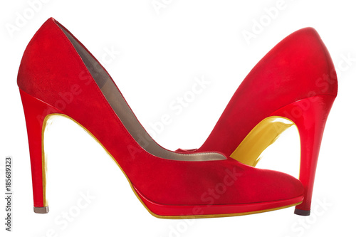 Pair of the Female red leather suede high-heeled shoes isolated on white background, woman's footwear.