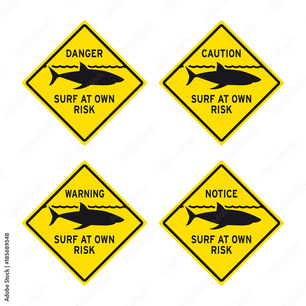Danger caution warning notice beach closed shark sign set Danger caution warning notice beach closed shark sign set