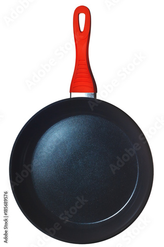 Large red frying pan isolated on white background, kitchen utensils. photo