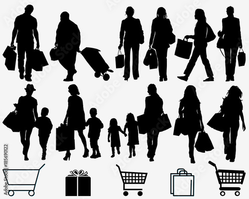 Black silhouettes of shopping on a white background