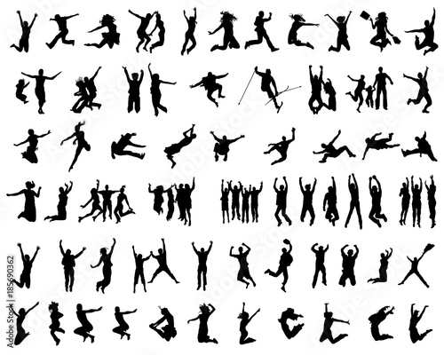 Silhouettes of people jumping on a white background