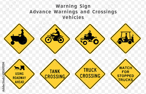 Road sign. Warning. Advance Warnings and Crossings. Vehicles.  Vector illustration on transparent background