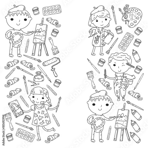 Children creativity Kindergarten, school art Boys and girls drawing and painting pictures Children art and design school