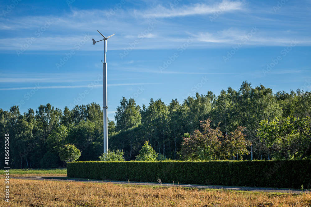 Fototapeta premium Electric windmill in countryside forests.