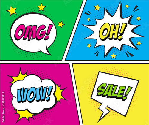 Retro comic speech bubbles set on colorful background. Expression text OMG, OH, WOW, SALE. Vector illustration of comic speech bubbles, vintage design, pop art style.