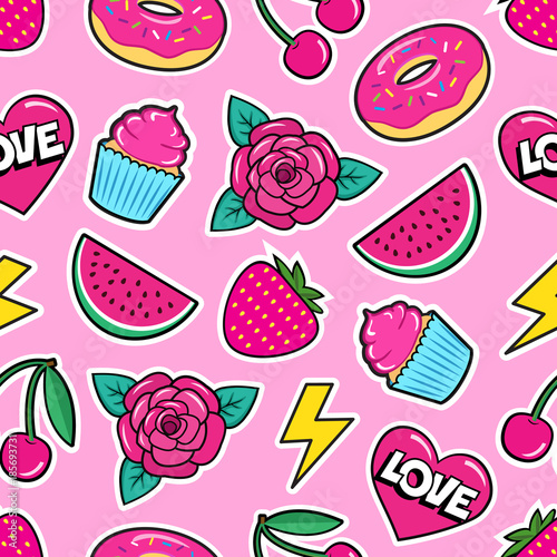 Cute seamless pattern with colorful patches. Stickers of rose, cherry, heart, watermelon, donut, cupcake, strawberry etc on pink background. Fashion cool patches and stickers. Vector illustration.