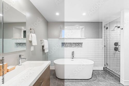  Illustration Drawing diagonal Split screen to Photograph of Luxury bathroom interior with an oval bathtub stone tiles and with glass shower.