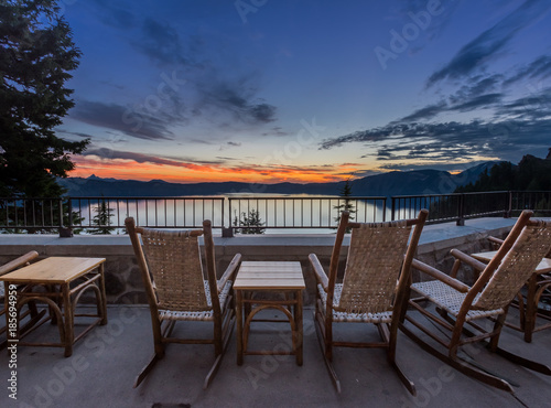Rocking Chairs and Table Overlook Crater Lake Sunrise