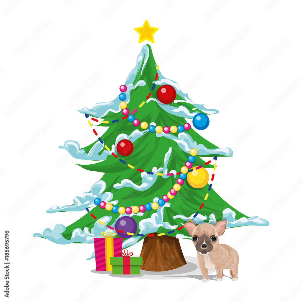 New Year's tree with gifts and a dog, a symbol of the new year 2018. Vector. New Year's tree with gifts and a dog, a symbol of the new year 2018. Vector.