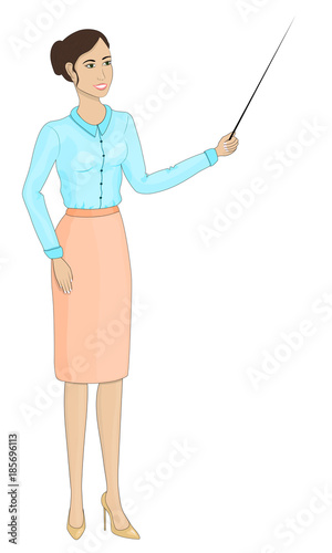 Young girl in a business style. Lecturer, teacher, news anchor, economic commentator. Beautiful young woman. Smiling girl. Blue blouse. Beige skirt, beige shoes, brunette Isolated on white eps 10
