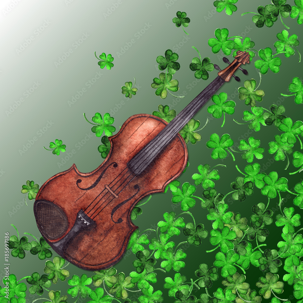 Fototapeta Watercolor wooden vintage violin fiddle musical instrument clover shamrock leaf plant pattern background