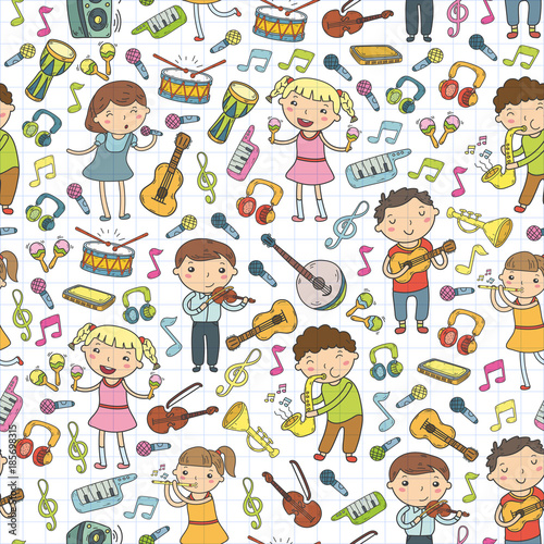 Music school for kids Vector illustration Children singing songs, playing musical instruments Kindergarten Doodle icon collection Illustration for children music lesson