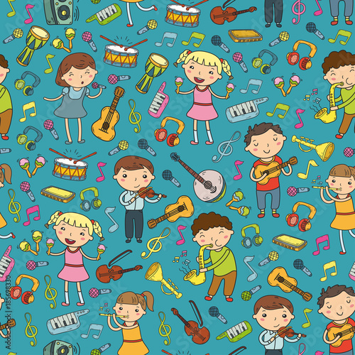 Music school for kids Vector illustration Children singing songs, playing musical instruments Kindergarten Doodle icon collection Illustration for children music lesson