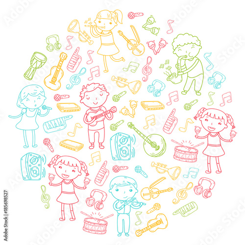 Music school for kids Vector illustration Children singing songs, playing musical instruments Kindergarten Doodle icon collection Illustration for children music lesson