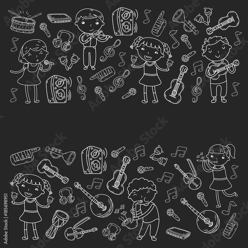 Music school for kids Vector illustration Children singing songs, playing musical instruments Kindergarten Doodle icon collection Illustration for children music lesson