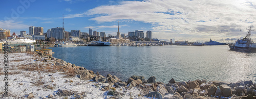 SOCHI, RUSSIA - DECEMBER 18, 2016:18, 2016: Winter panorama of the seaport dock