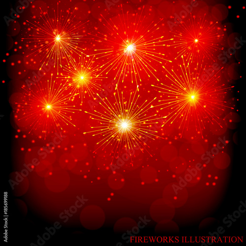 Brightly Colorful Fireworks. Red illustration of Fireworks. Holiday fireworks background.