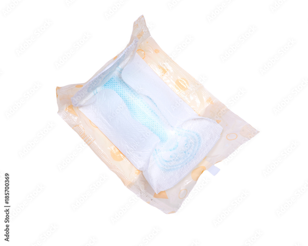 Ultra thin regular pads for women with flexible wings isolated on white background Ultra thin regular pads for women with flexible wings isolated on white background
