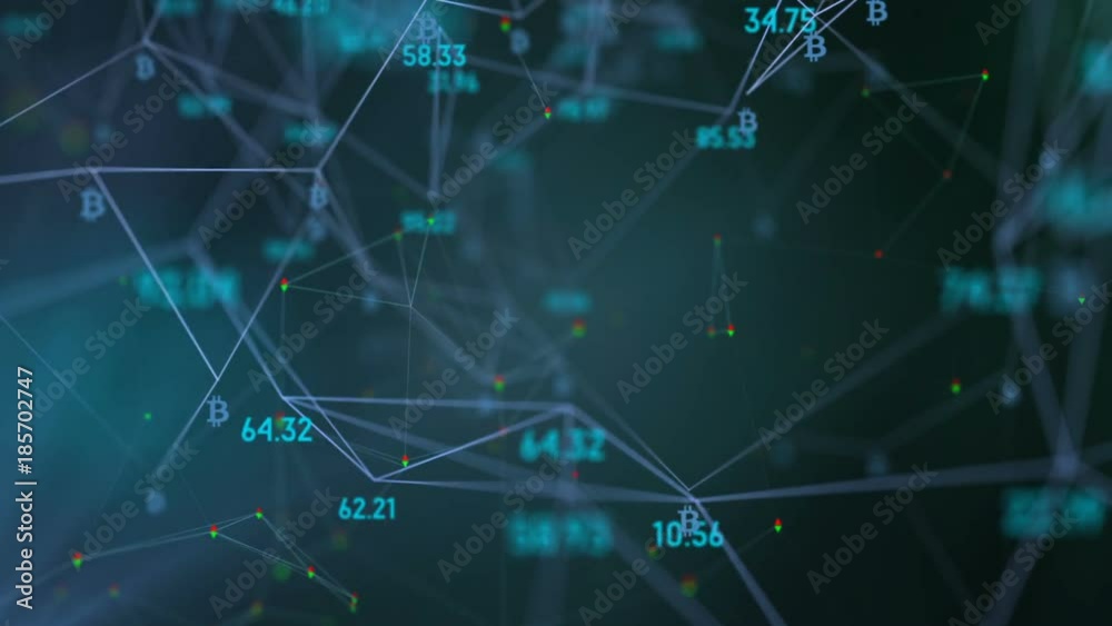 focusing on different levels of the economic web, the logo bitcoin. rotation in a circle. plexus network cinematic business background. seamless loop.
