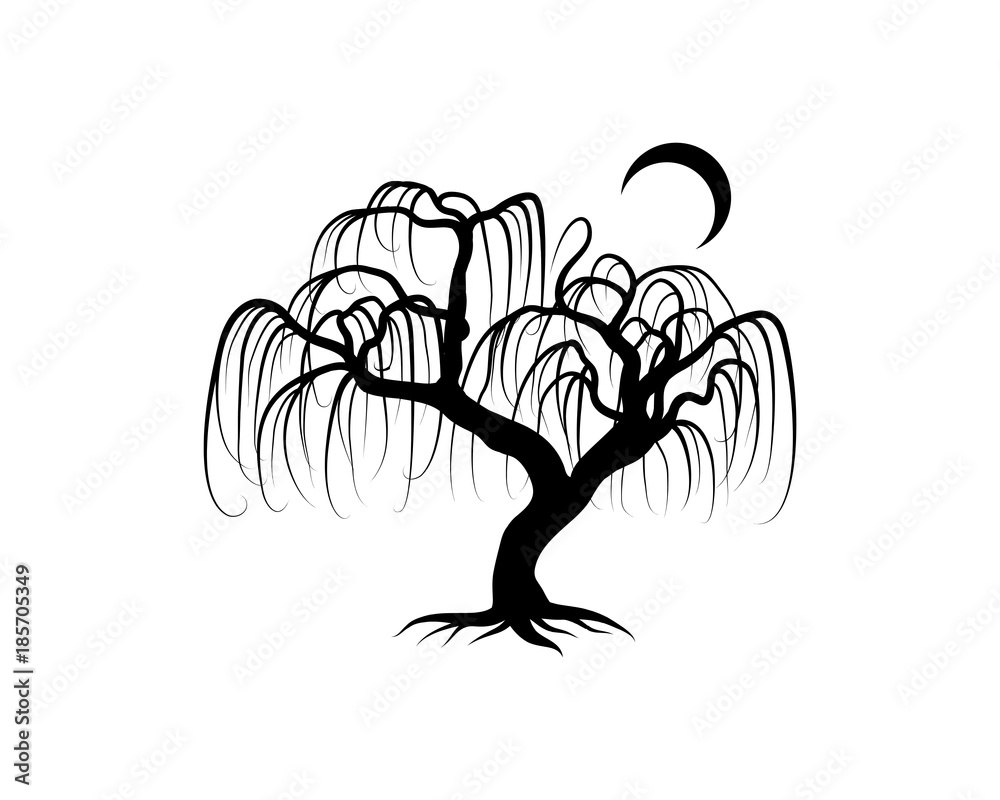 Line Art Black Willow Tree With Moon Hand Drawing Logo Silhouette Stock Vector Adobe Stock