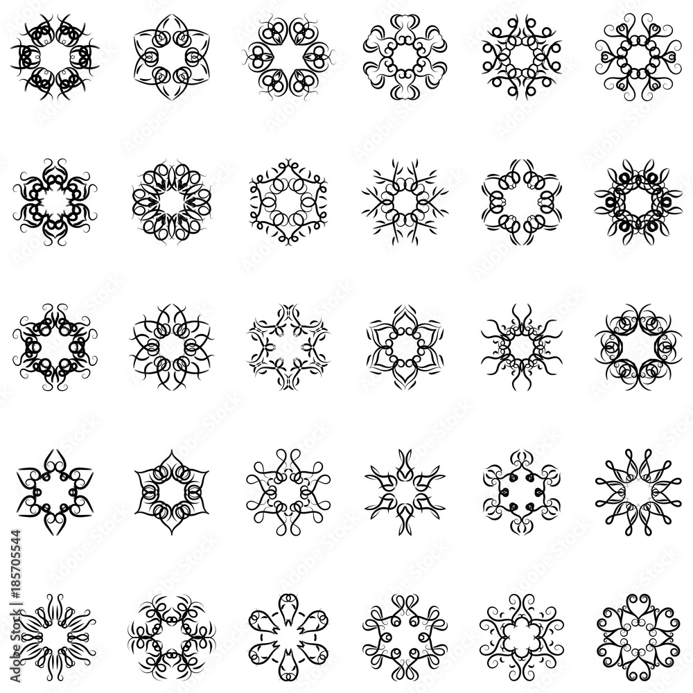 Mandalas geometric circular with hand drawn calligraphy ornament vector set on white background
