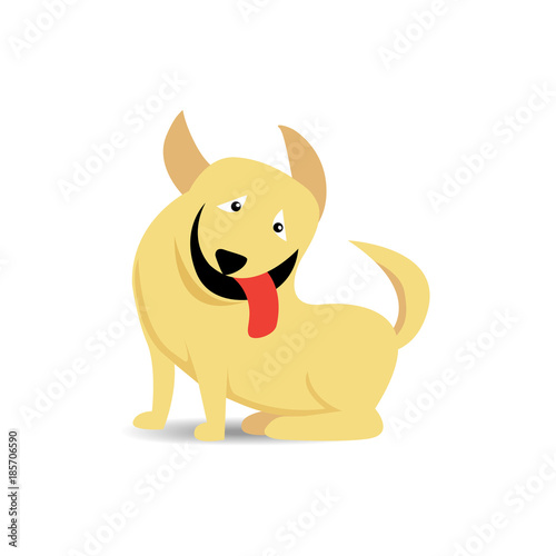 Funny sitting yellow dog stick out red tongue on white background