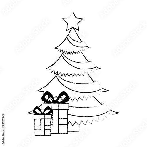 merry christmas tree with gifts vector illustration design