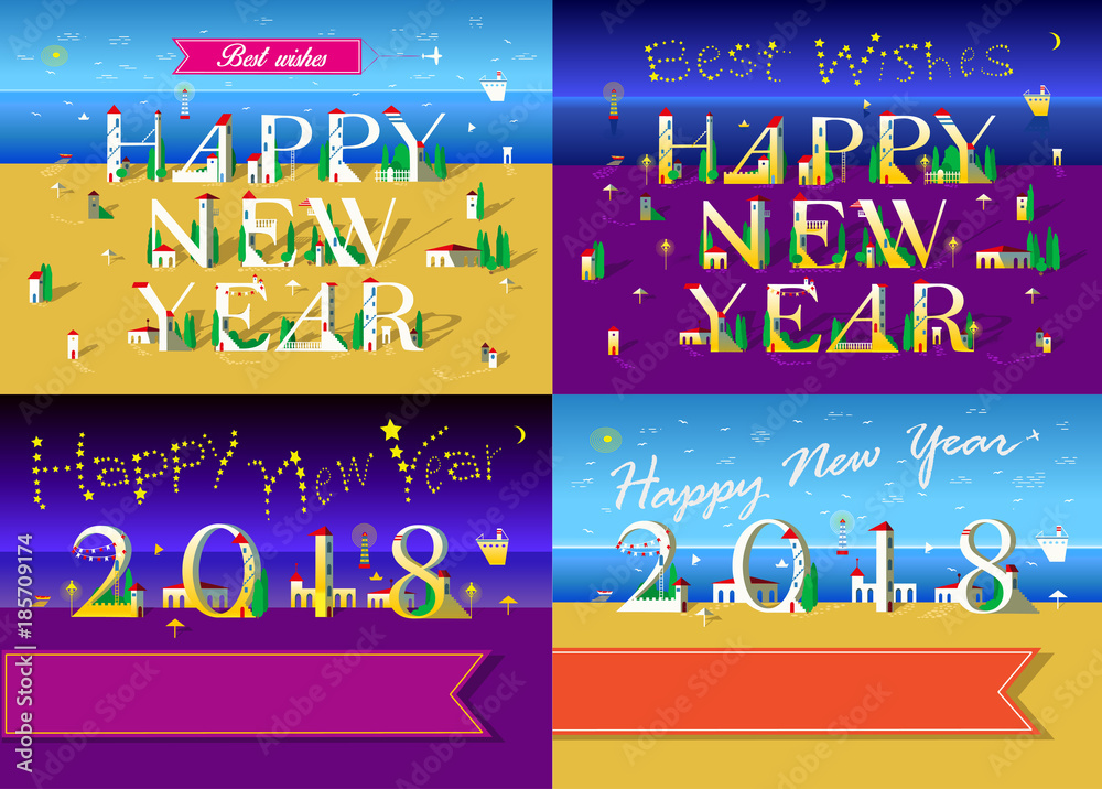 Fototapeta premium New Years Cards with beach, sea and houses