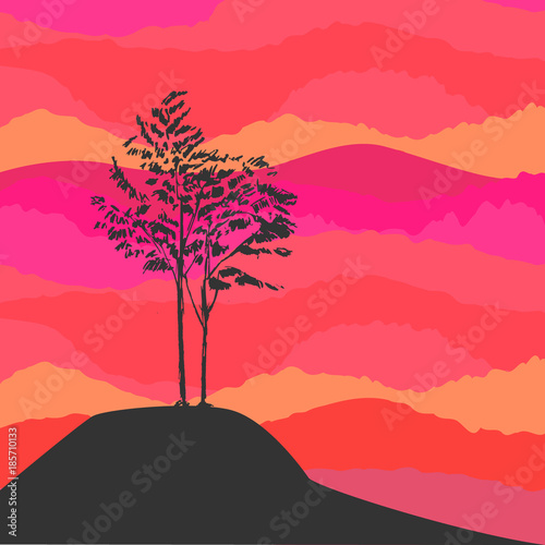 Hand drawn black tree without leaves isolated on foggy smoky misty background. Branches of small rowan sorb wild ash plant on vector illustration. Simple gray sketch.