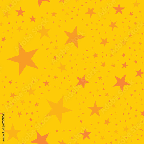 Orange stars seamless pattern on yellow background. Ravishing endless random scattered orange stars festive pattern. Modern creative chaotic decor. Vector abstract illustration.