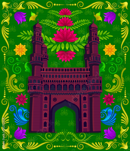 Indian monument Charminar with indian style design and floral pattern