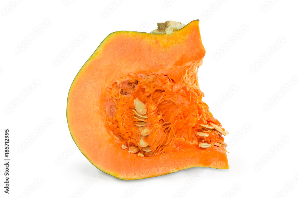 Cut winter squash with seeds on a white background Cut winter squash with seeds on a white background