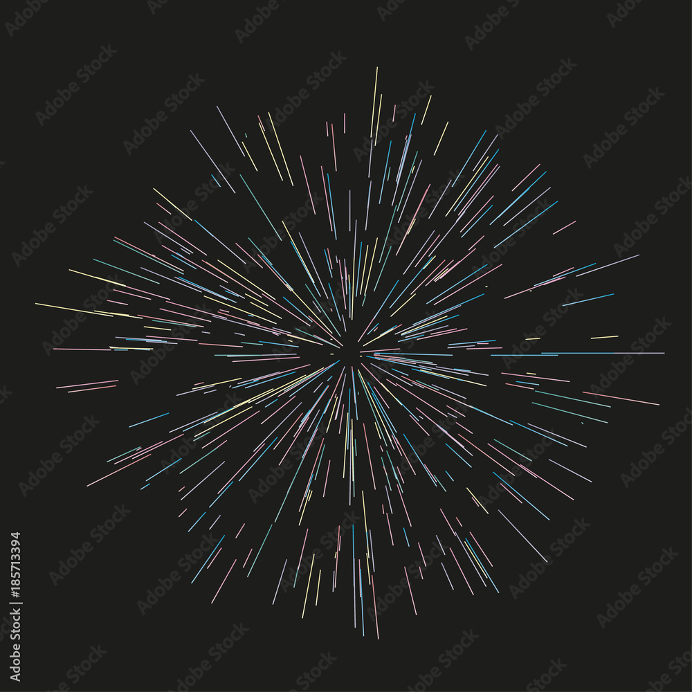 Obraz premium Multicolor fireworks Festive background Radiating from the center of thin beams, lines. Dynamic style. Abstract explosion