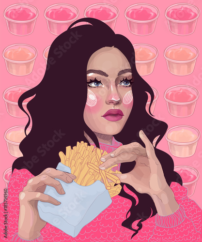 vector beautiful brunette girl eating a french fries and can not choose a sauce to it