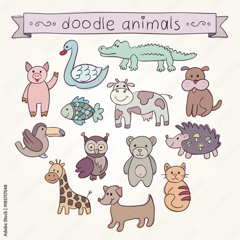 Fototapeta premium Cute Animals Doodle Set. Stock vector template, easy to use.