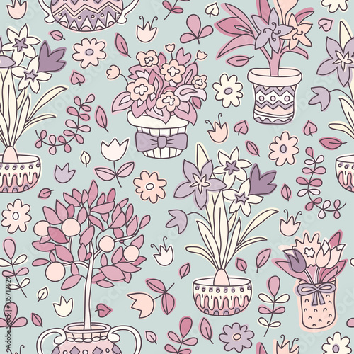 Seamless pattern doodle plants in pots, floral background.