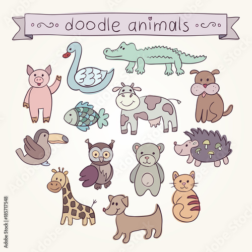 Cute Animals Doodle Set. Stock vector template  easy to use.