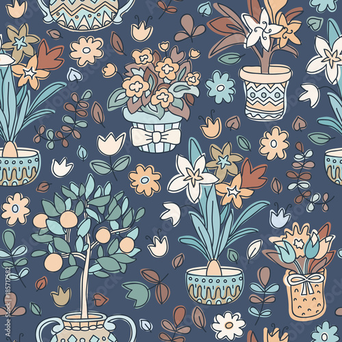 Seamless pattern doodle plants in pots, floral background. Endless texture for wallpaper, fill,  web page background, surface texture.