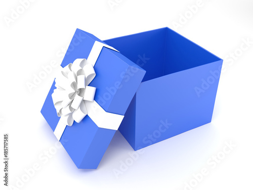 3d illustration open blue with white ribbon box isolated on white background.