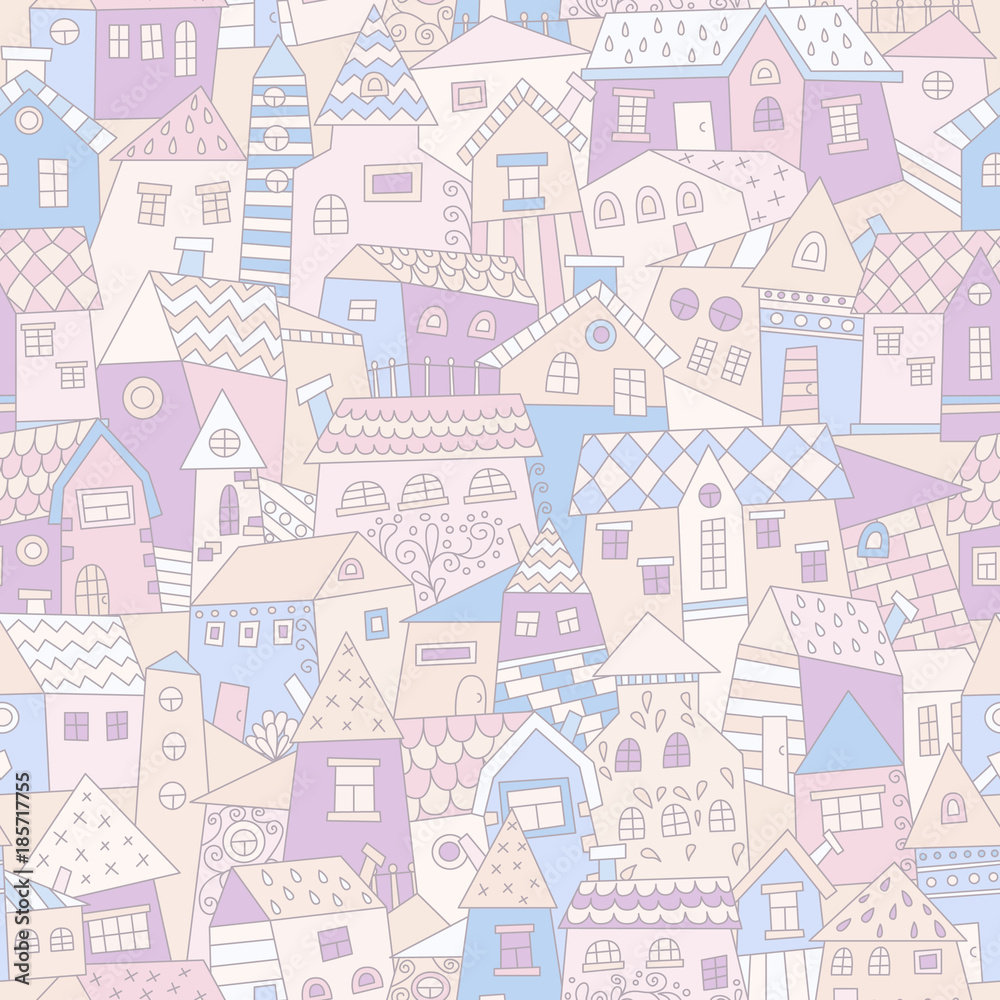 Doodle hand drawn town seamless pattern. Texture for wallpaper, fills, web page background.