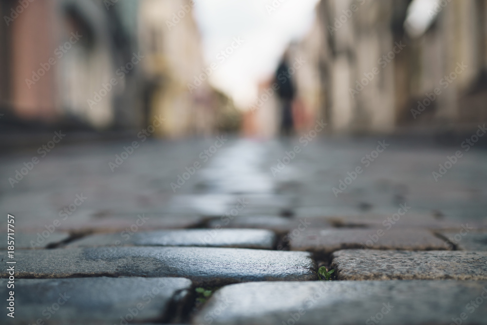 low angle closeup background of wet old pavement with blurred background - obrazy, fototapety, plakaty 