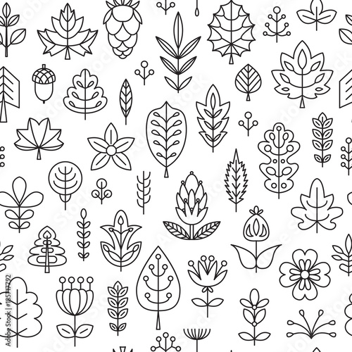 Seamless pattern with Geometrical leaves, trees and flowers. Endless texture for wallpaper, fill,  web page background, surface texture.