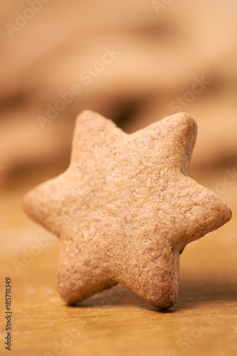 One ginger biscuit. Shape star. Blurred Background